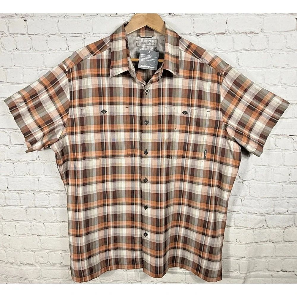 Eddie Bauer Rainier 2.0 Shirt Men's‎ XL Orange Plaid Short Sleeve Outdoor